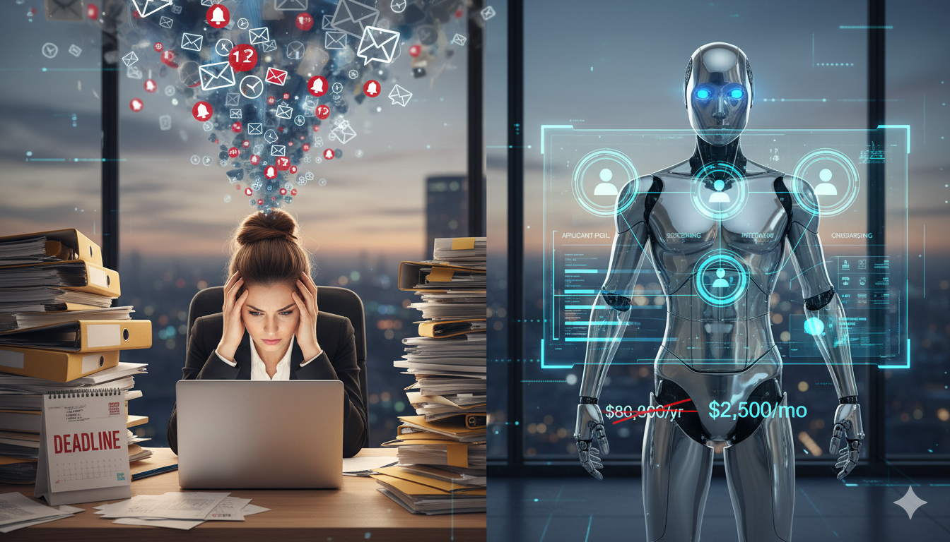 Agency owner reviewing recruiter cost breakdown next to an AI recruitment pipeline dashboard